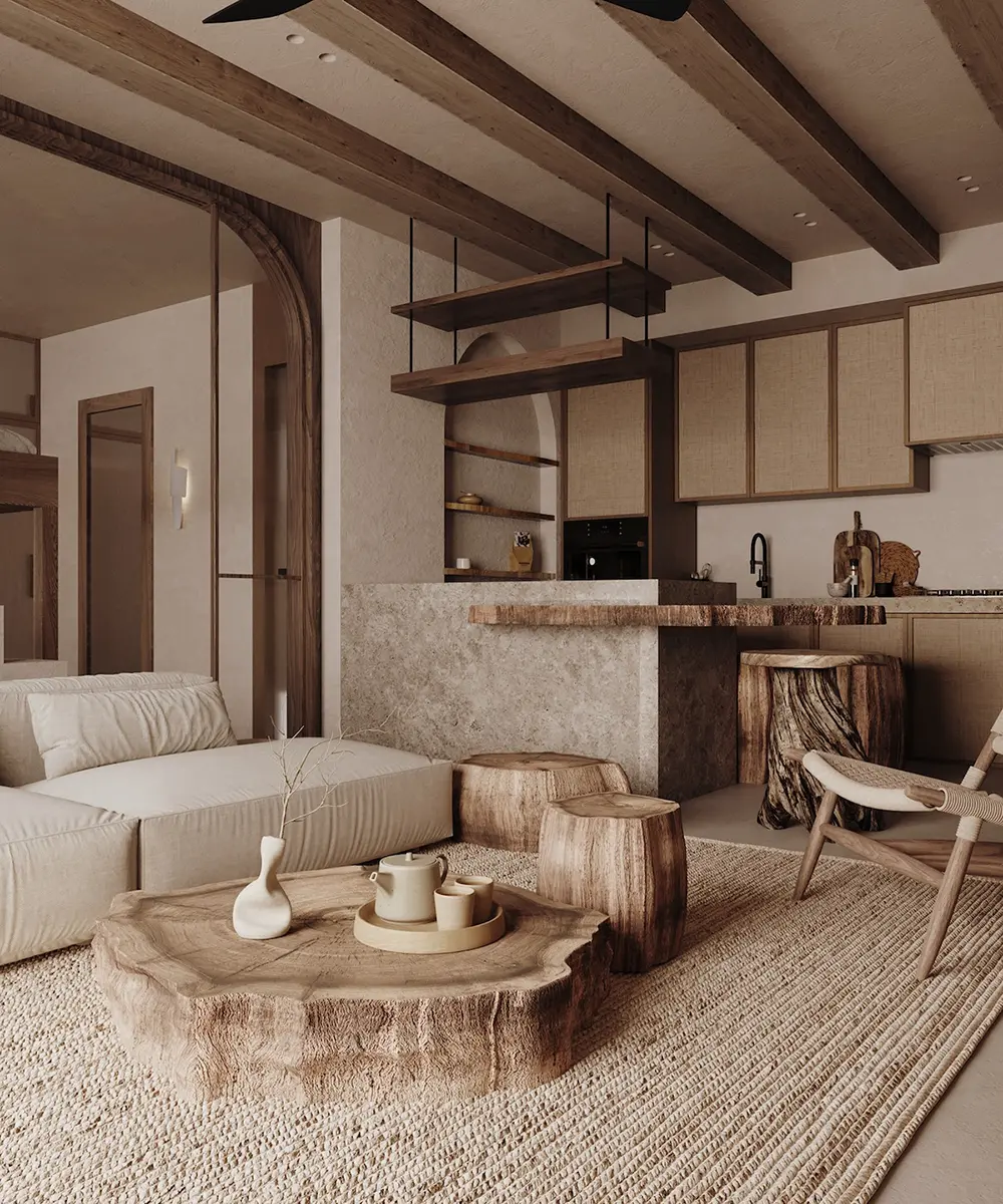 Warm Mediterranean living room with natural wood beams, stone textures, low cream sofa, and a coffee table made from raw tree trunk.
