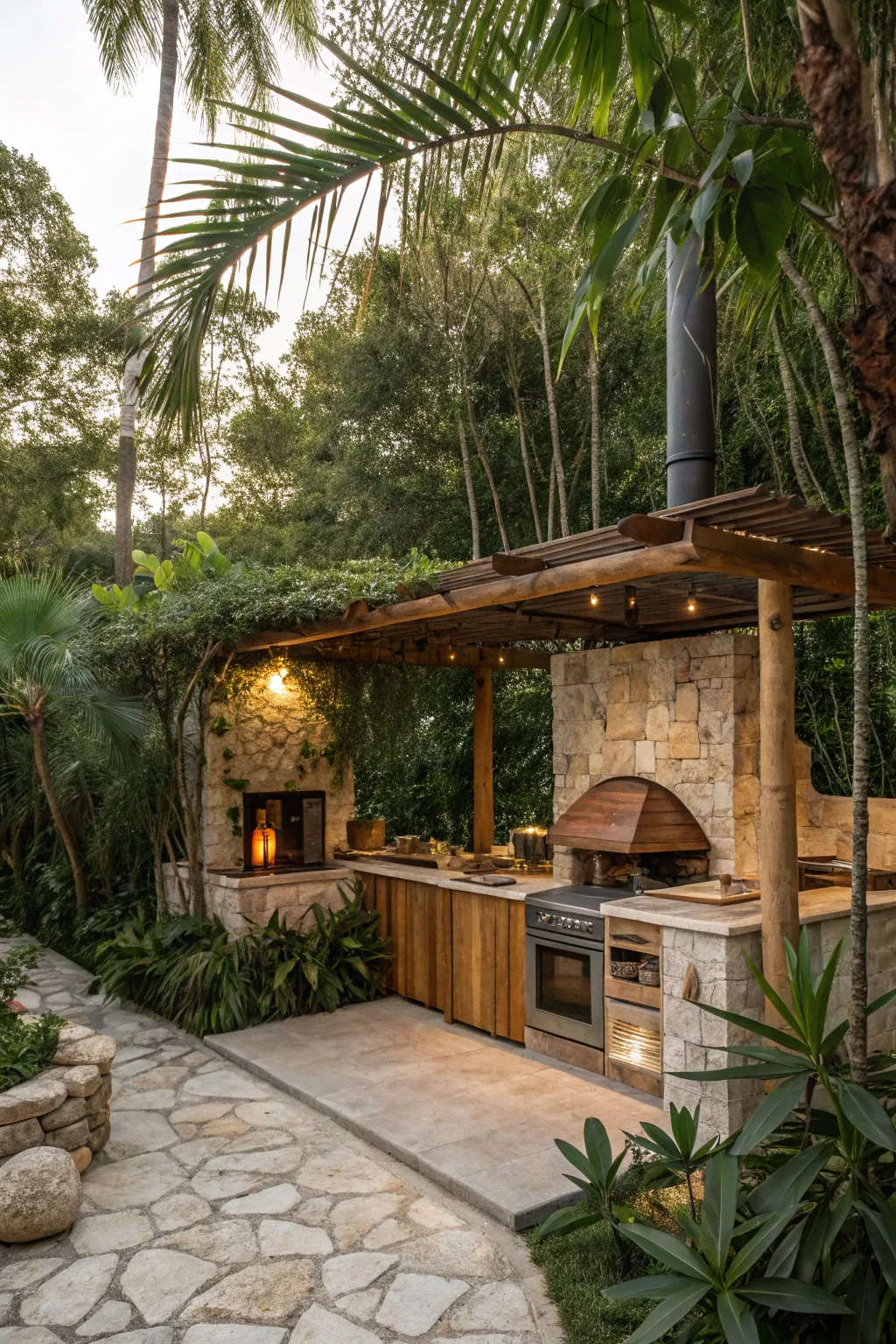 Tulum-inspired outdoor kitchen with stone walls, wood pergola, built-in pizza oven, and rustic natural finishes surrounded by lush greenery.