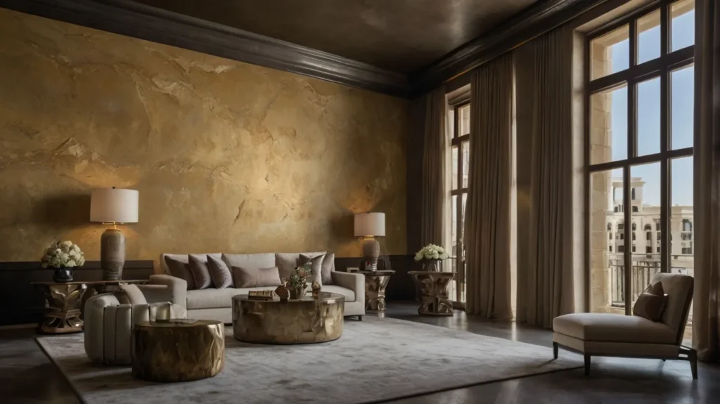 Elegant living room with golden Venetian plaster walls, neutral sofa, and metallic coffee tables styled with modern decor.