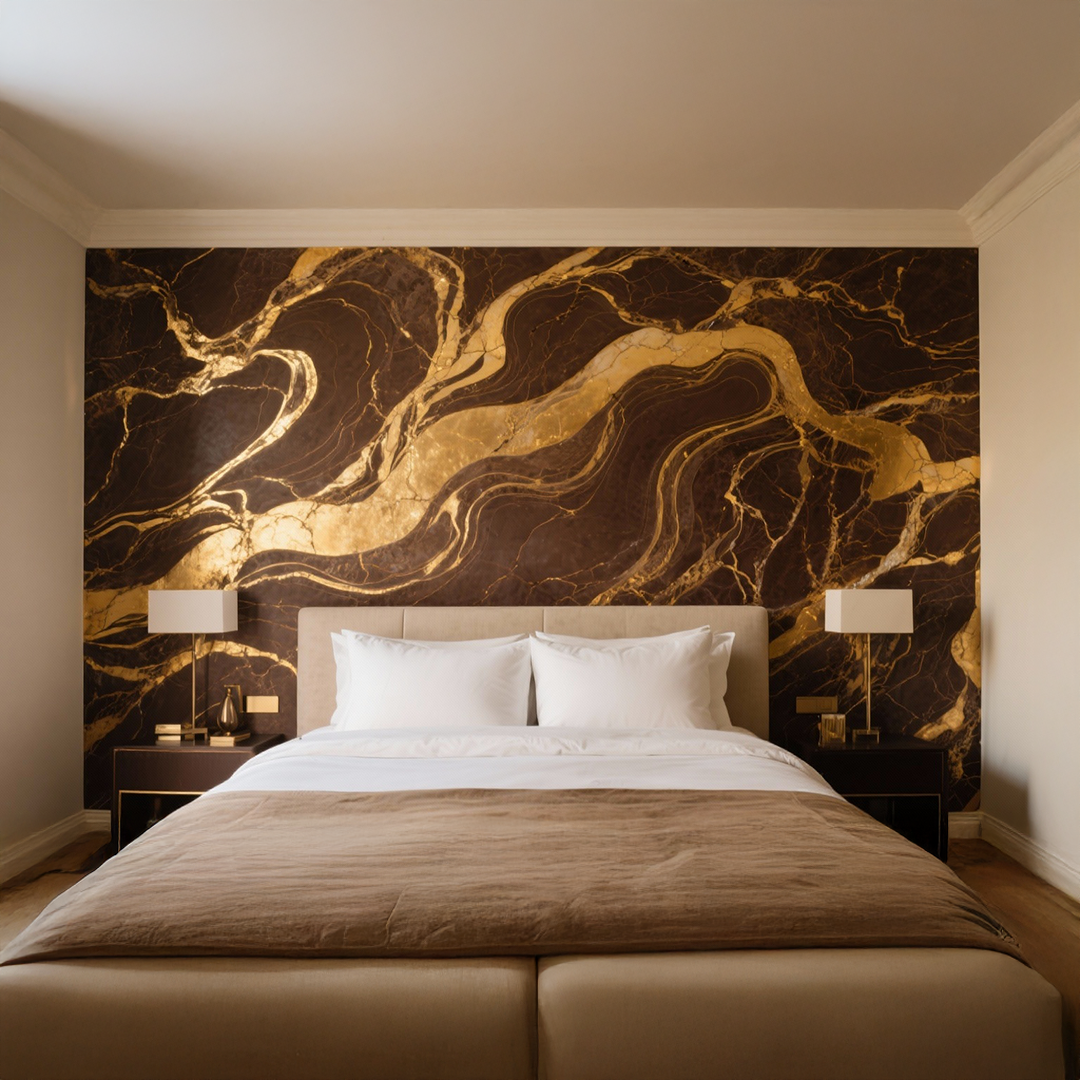 Luxury bedroom with dramatic black and gold Venetian plaster feature wall behind a beige upholstered bed and modern bedside lamps.