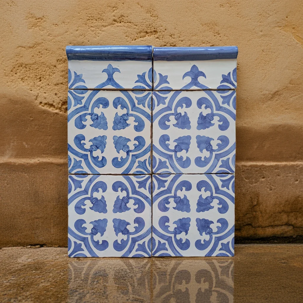Handcrafted blue and white portuguese tiles with floral motifs, leaning against rustic stucco wall.