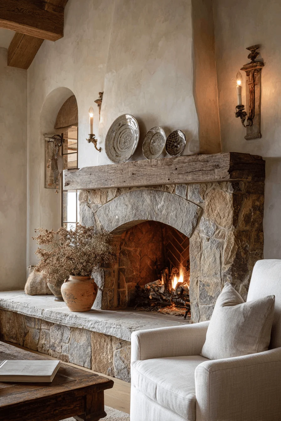 Rustic stone fireplace with wooden mantel and ceramic decor in a cozy Mediterranean-inspired living room.