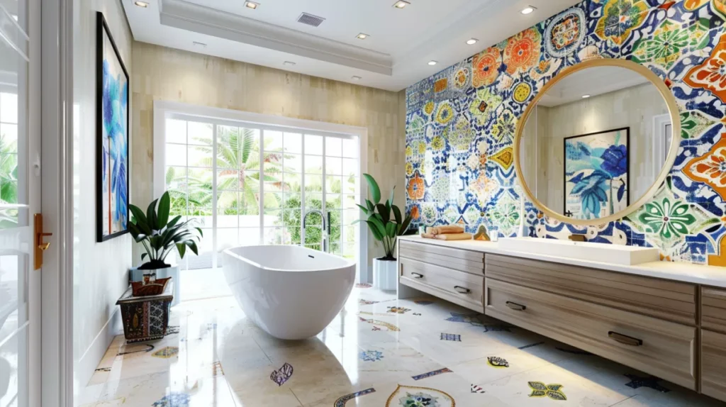Luxury bathroom with freestanding tub, large round mirror, and colorful Mediterranean mosaic tile wall and floor.