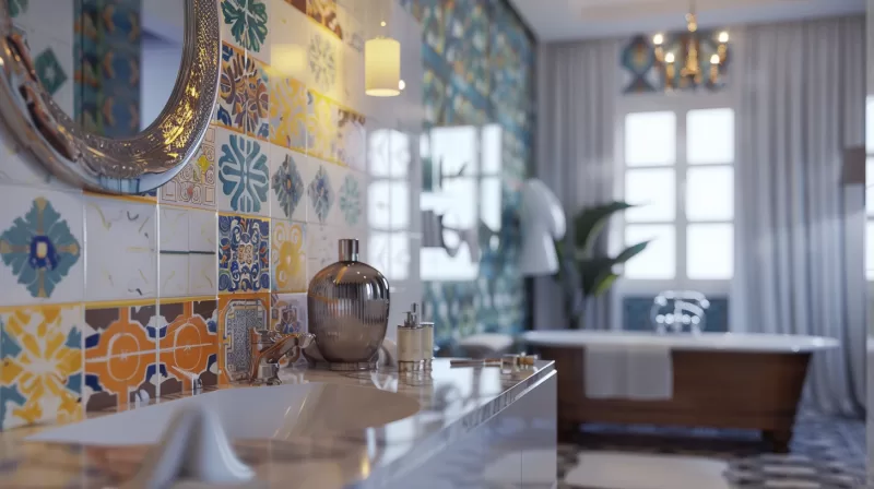 Bathroom interior with eclectic patterned wall tiles, modern sink, and freestanding bathtub in soft natural light.