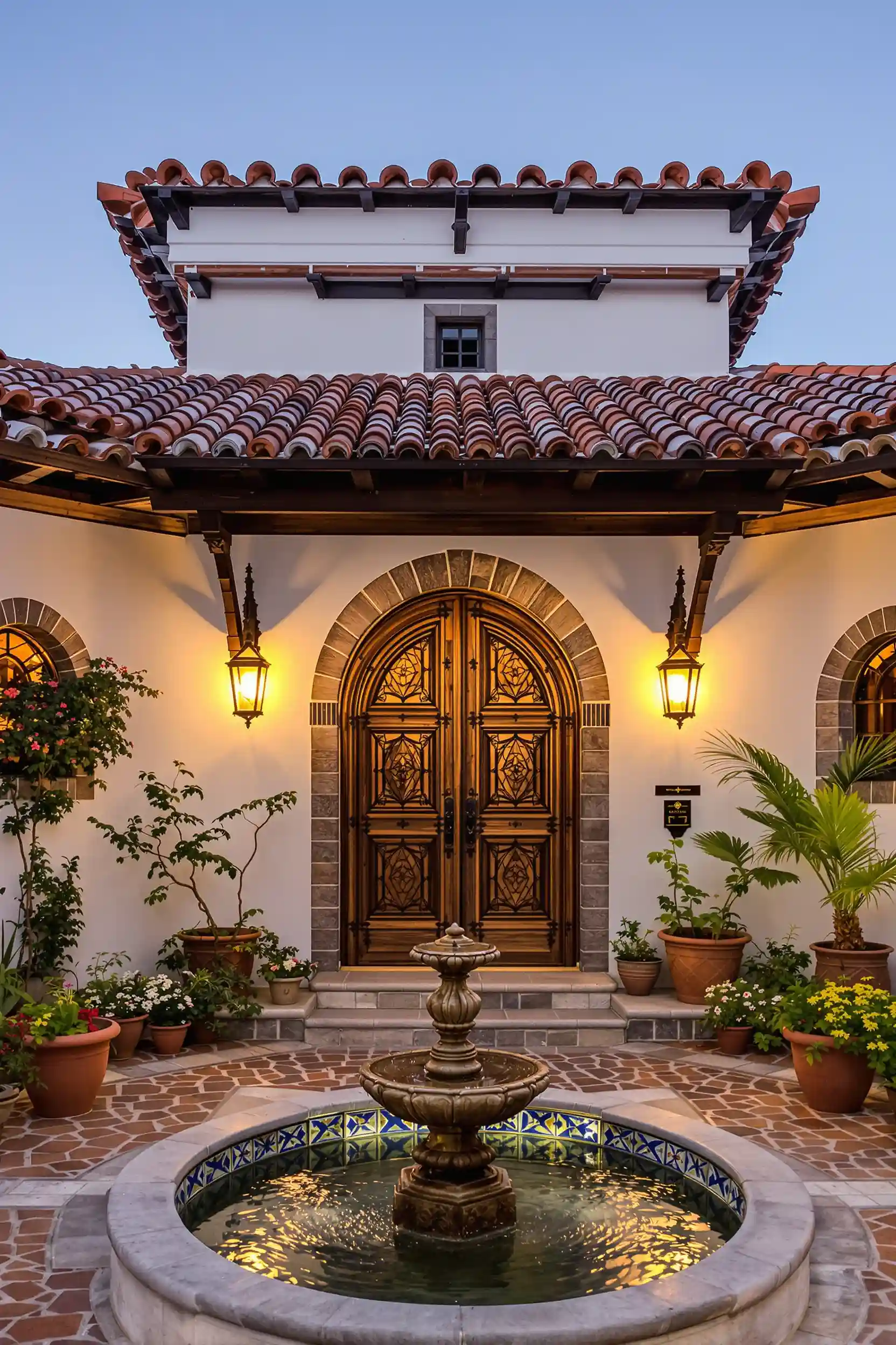 Spanish Colonial-style courtyard with terracotta roof tiles, arched wooden doorway, and tiled fountain surrounded by plants
