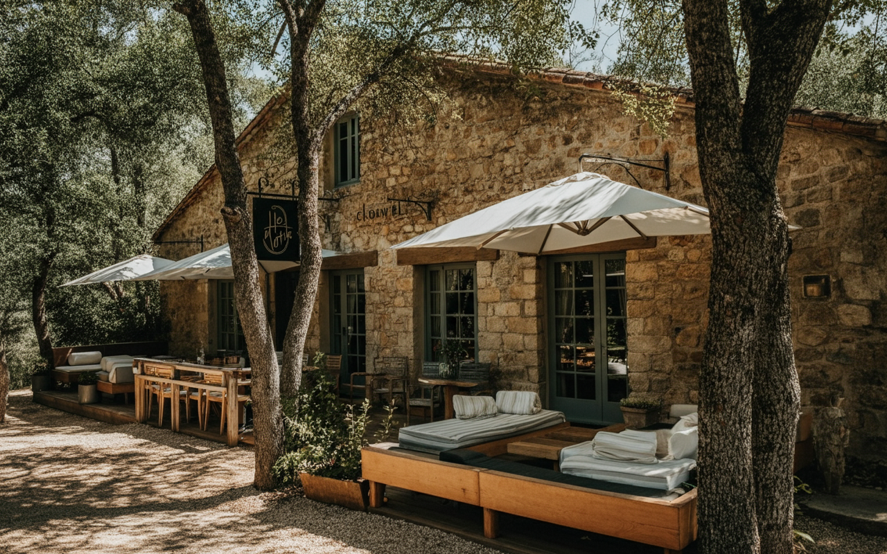 Charming stone guesthouse with shaded outdoor seating and rustic Provençal architecture — an intimate setting that captures the essence of boutique hospitality, slow living, and French countryside design.