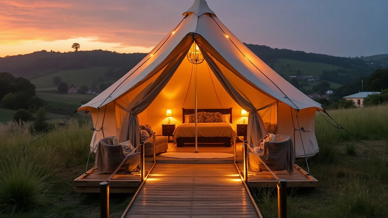 Luxury glamping tent at sunset with cozy lighting and scenic countryside landscape