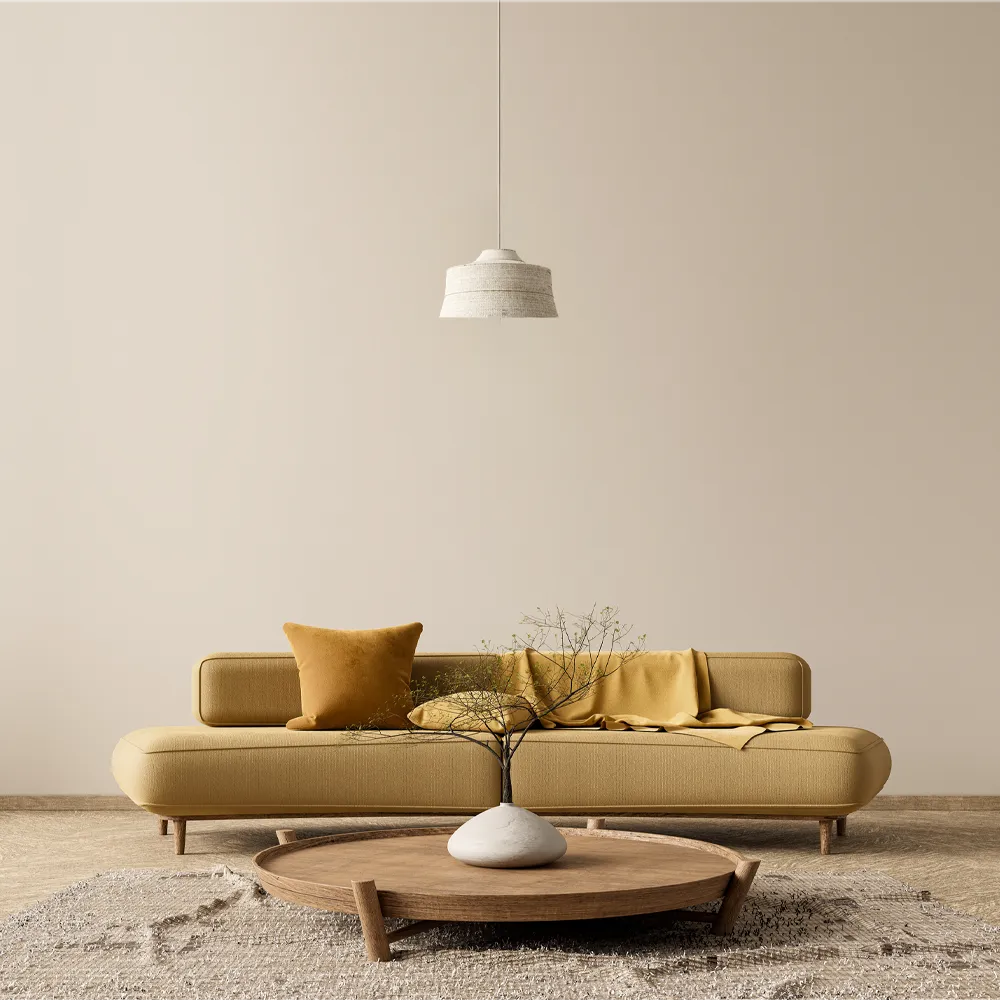 Minimalist Japandi-style lounge featuring warm earth tones, low wood furniture, and organic balance between form and function