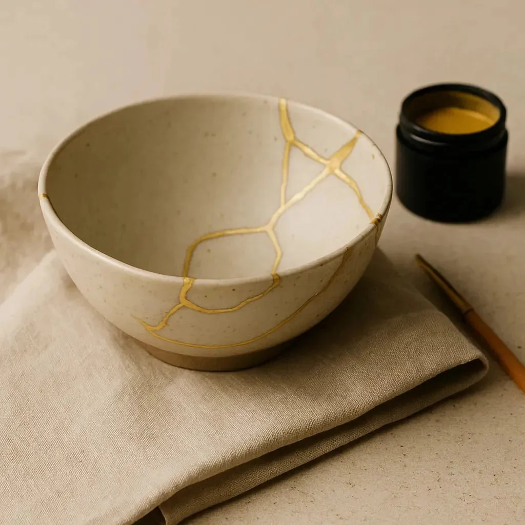 Minimalist Kintsugi bowl with golden seams placed beside a lacquer jar and brush — a serene composition celebrating Japanese aesthetics and mindful craftsmanship.