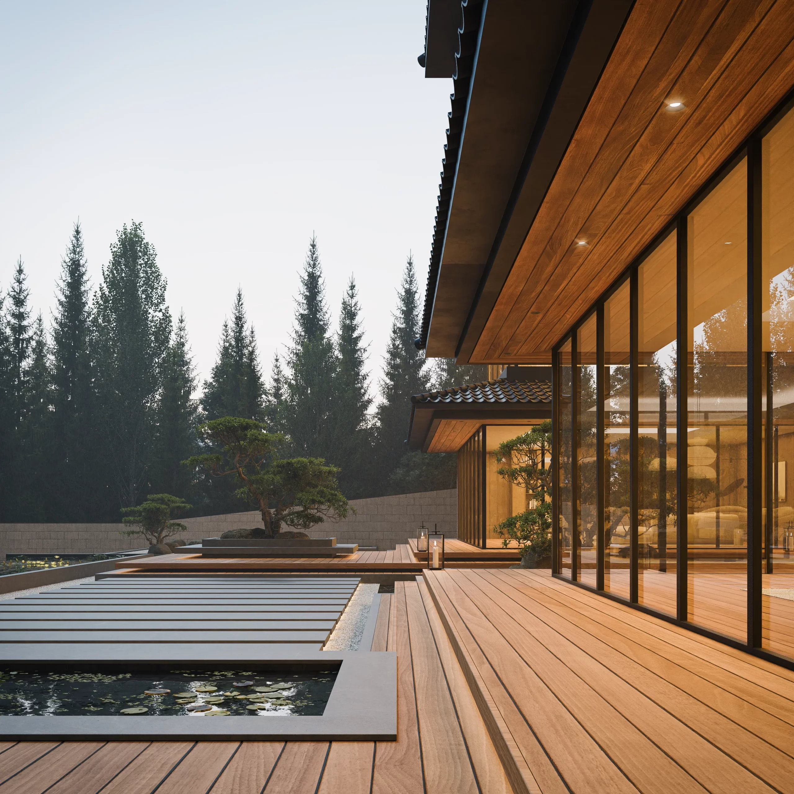 Contemporary Japanese house with wooden exterior and glass walls opening to a reflecting pool — a refined blend of modern architecture, minimalism, and Japanese design principles.