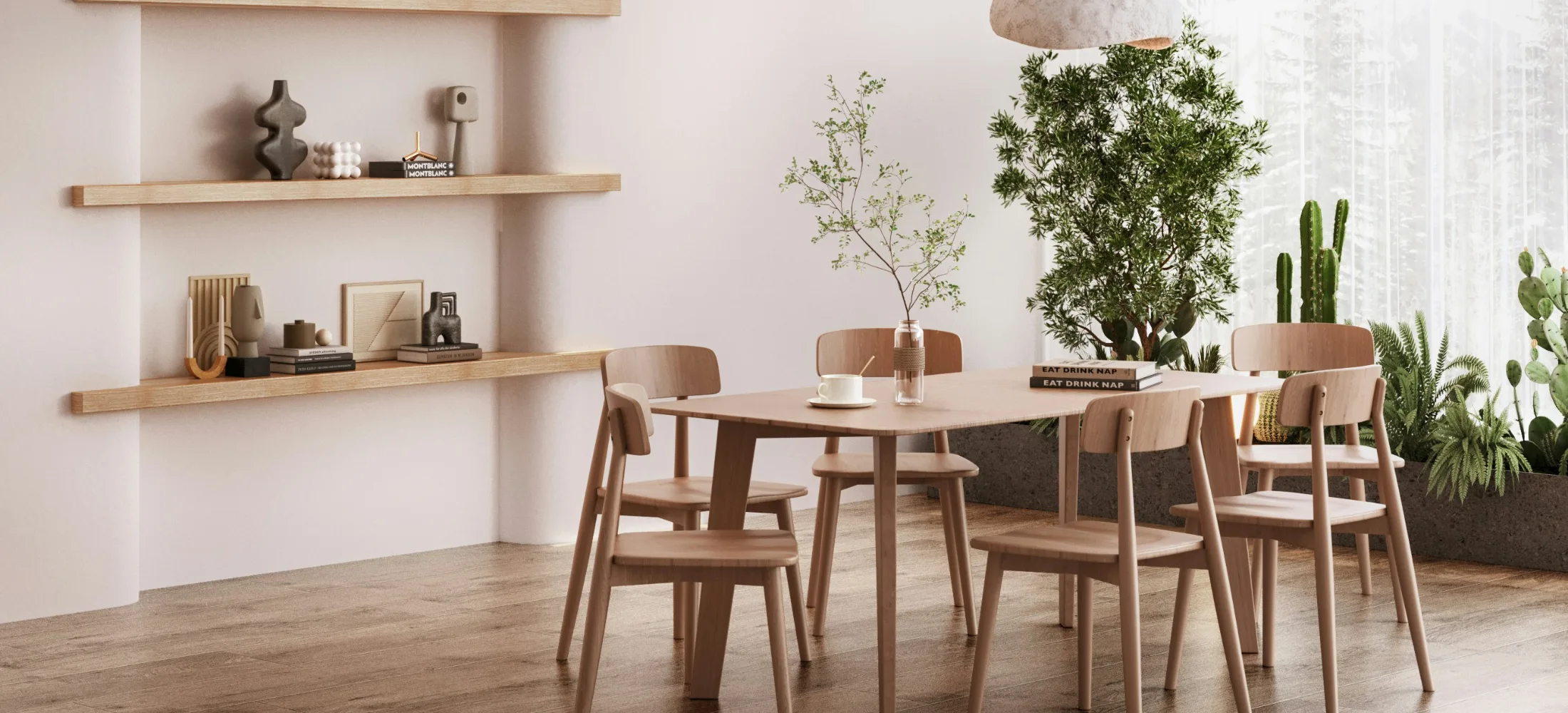 Wabi-Sabi inspired dining room with natural wood furniture, organic textures, and minimalist décor.