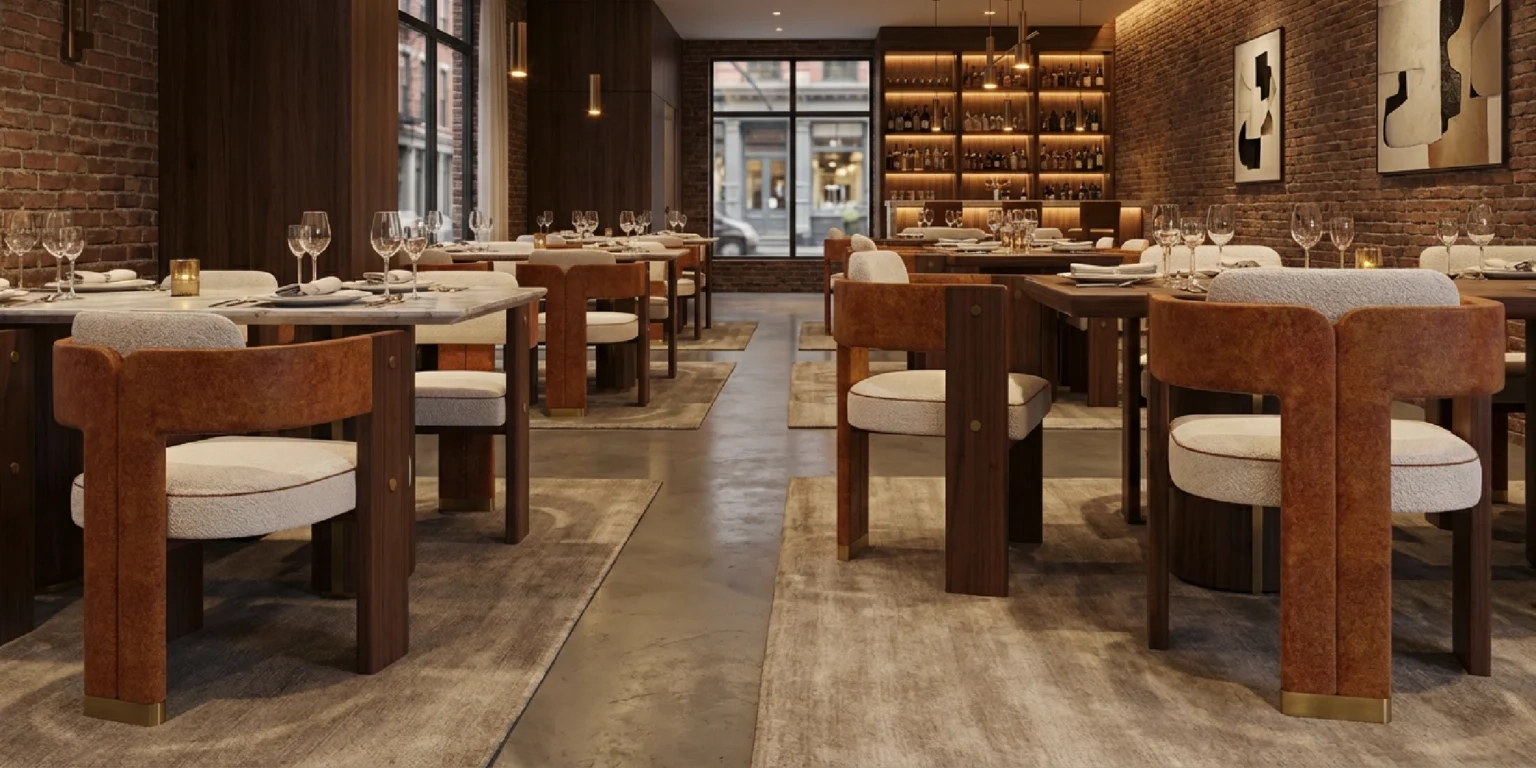 Restaurante with Lana Dining Chairs, by Nolita Harbour, to showcase the mastery of wooden furniture pieces in luxury interiors