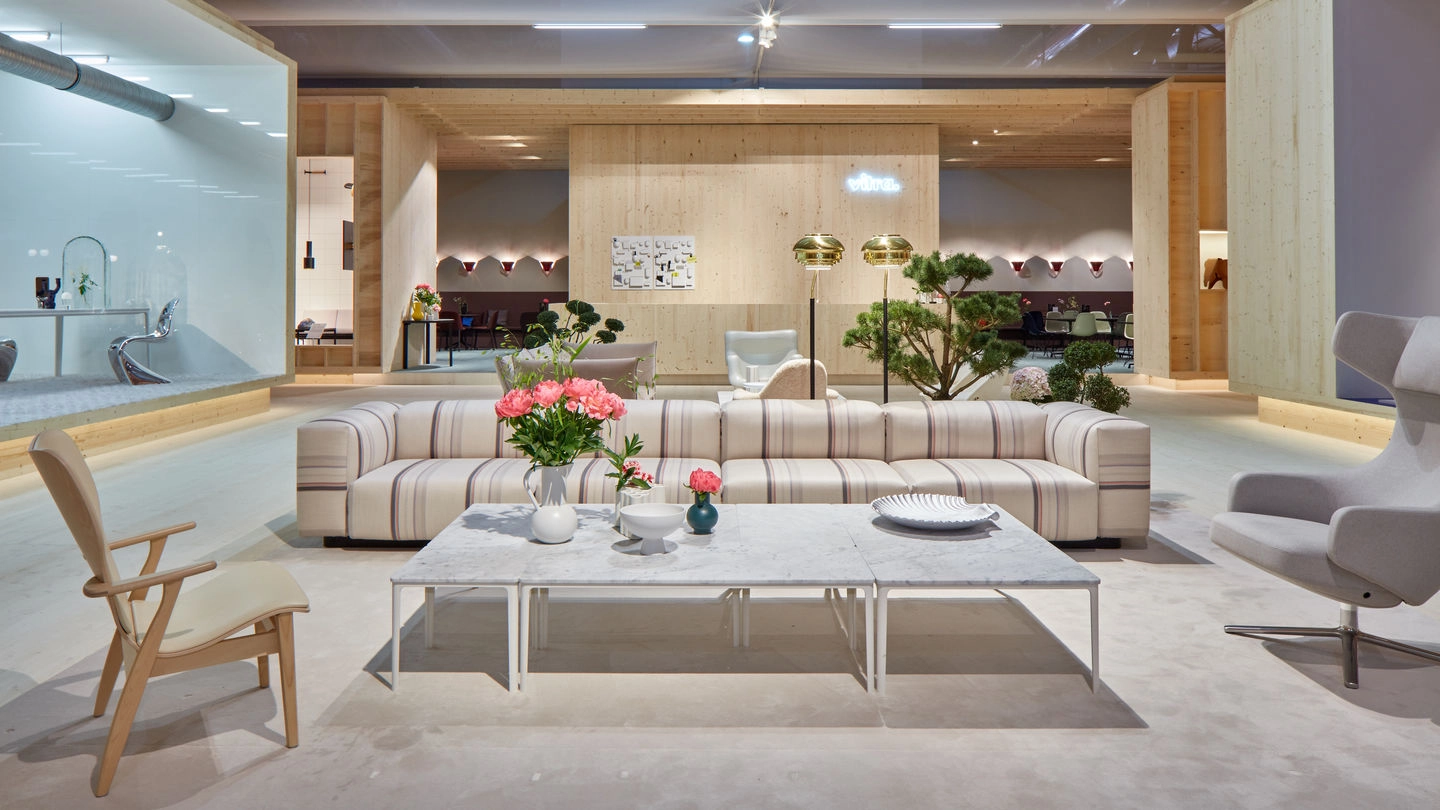 Milan furniture fair exhibit, with mediterranian furniture.