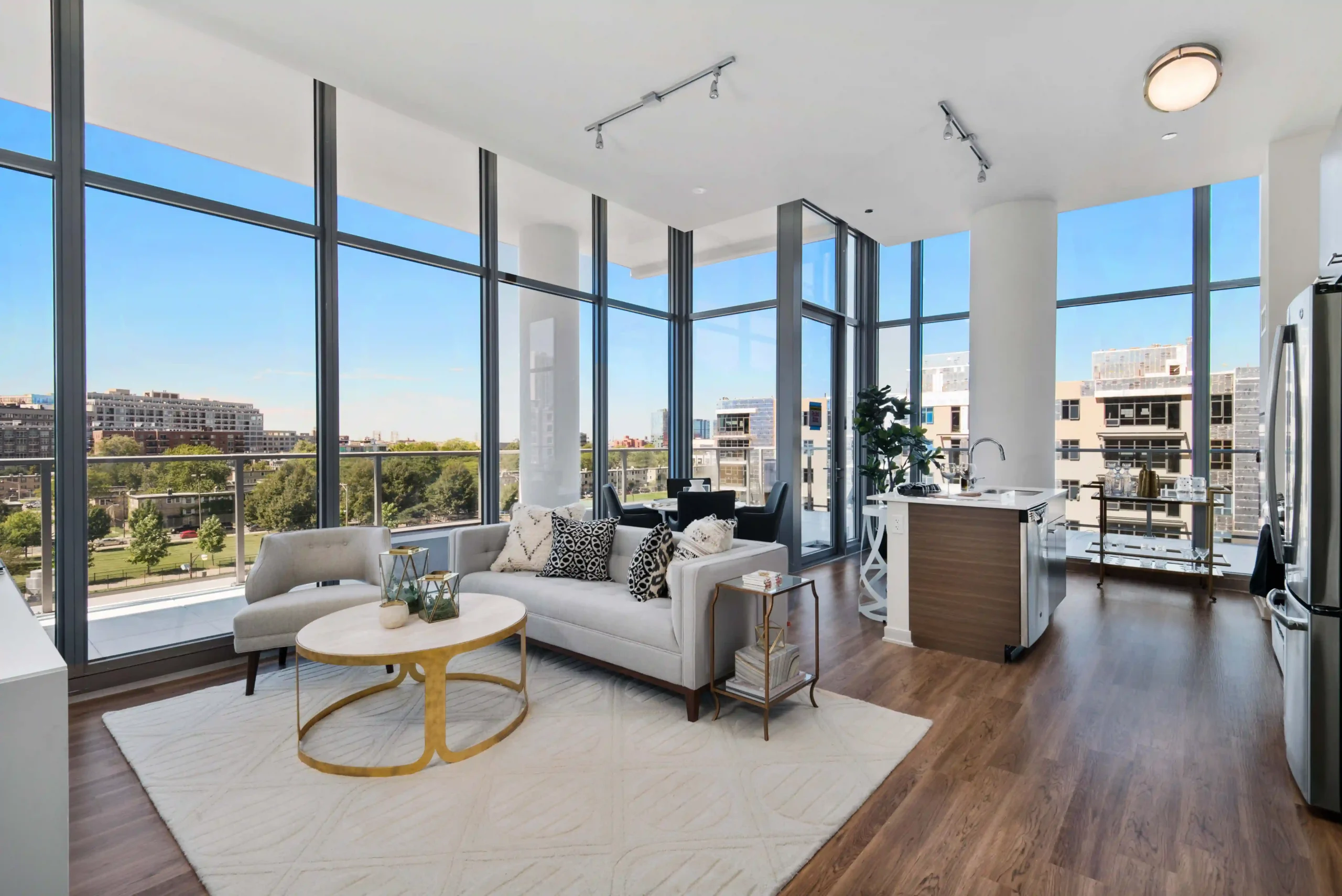 Chicago apartment living room, with luxury furniture and minimalist style