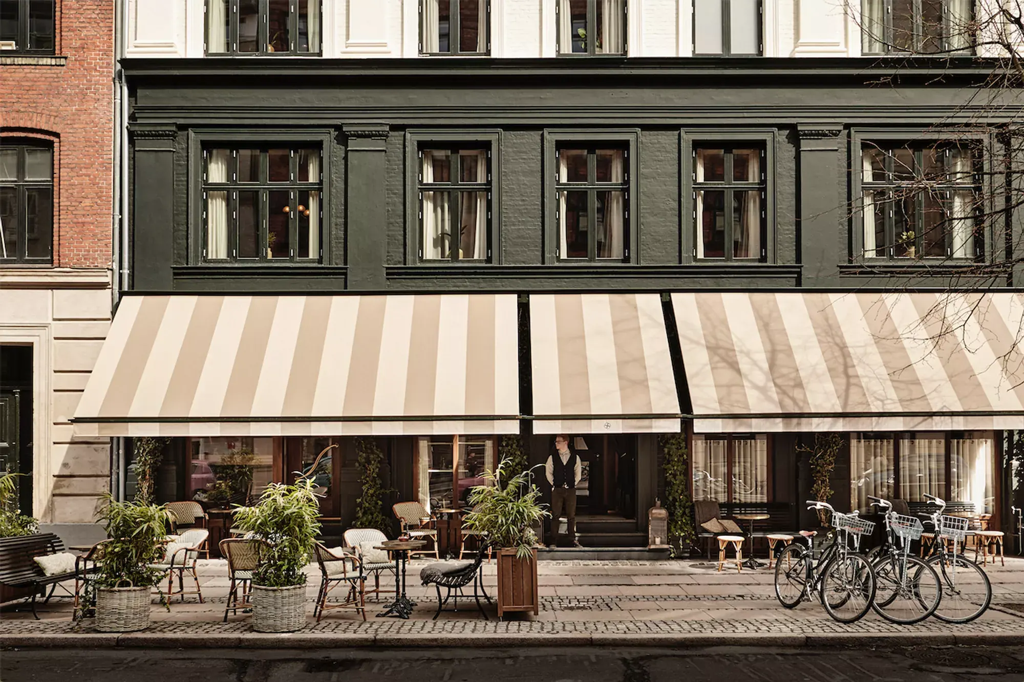 Outside view of a hotel or bar entryway in Copenhagen, Denmark.