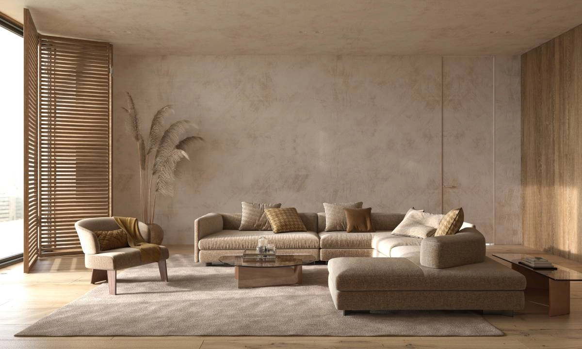 Japandi living room design, with calm colors and wood furniture.