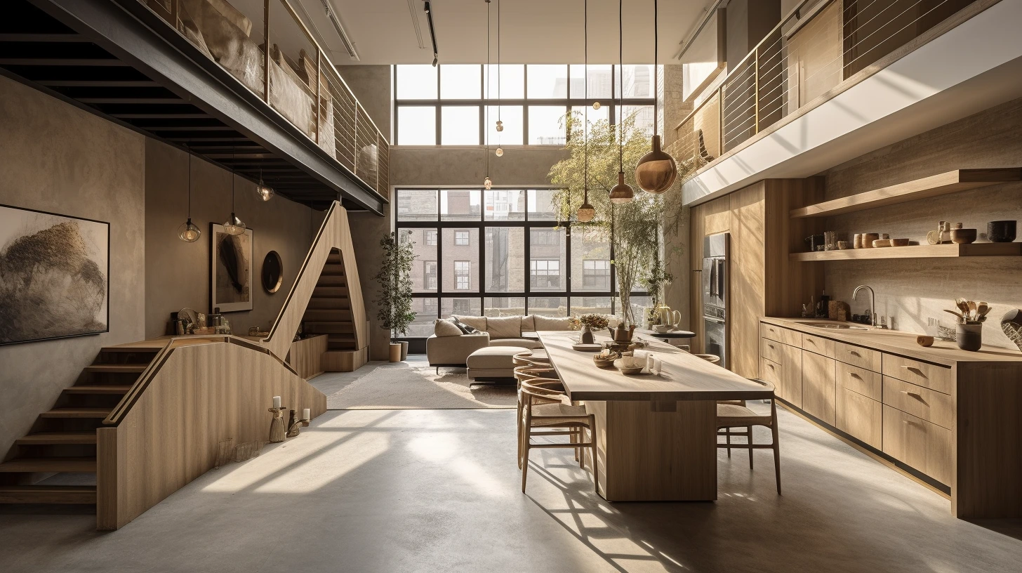 Japandi style kitchen with wood furniture and calm ambience.