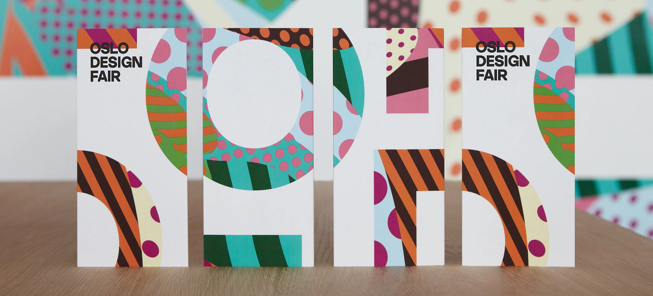 Oslo Design Fair identity featuring colourful geometric patterns and contemporary design on printed materials.