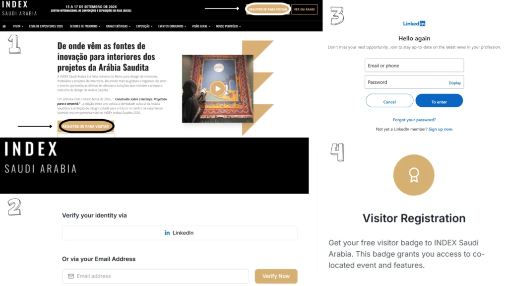 INDEX Saudi Arabia visitor registration page showing free visitor badge registration for the 2026 design exhibition in Riyadh