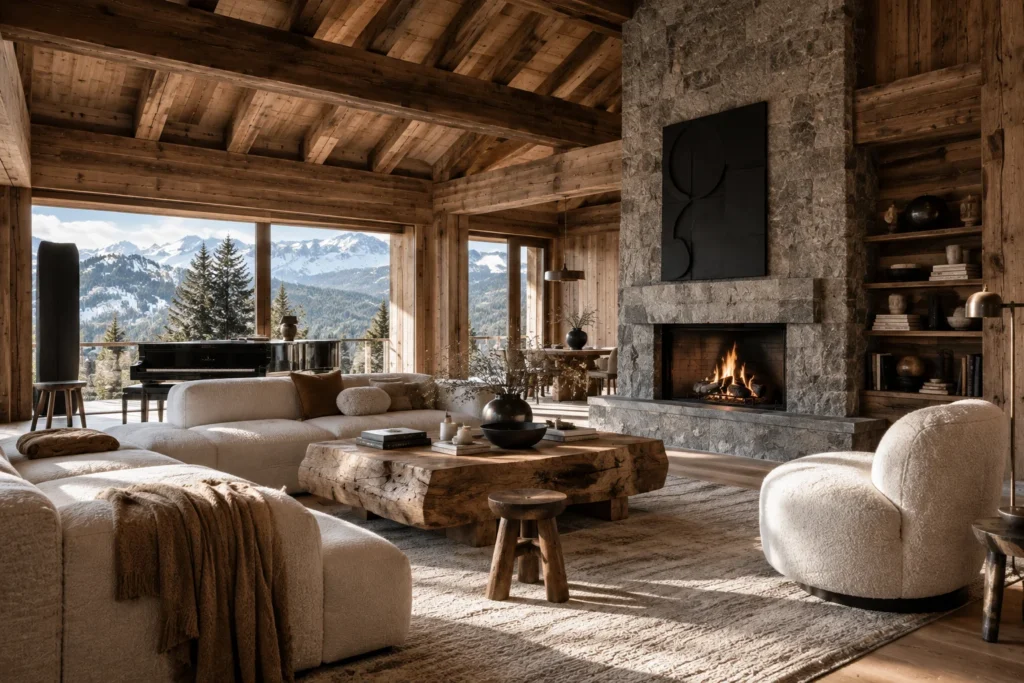 Bespoke luxury chalet interior with reclaimed timber beams, natural stone fireplace, sculptural furniture, tactile textiles, and panoramic views of snow covered mountains.