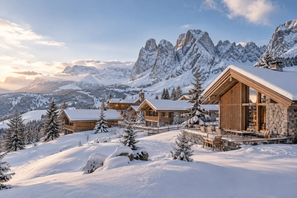 Contemporary Alpine chalet settlement with timber and stone architecture surrounded by snow-covered mountains and evergreen forest.