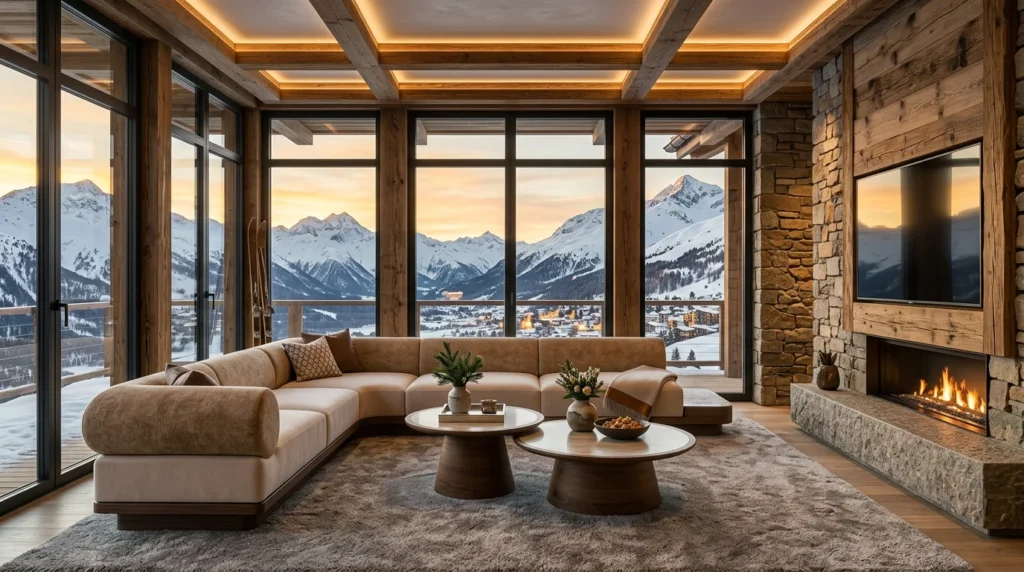 Contemporary chalet interior with natural stone, warm timber, soft neutral furnishings, a glowing fireplace, and panoramic snow covered mountain views at dusk.