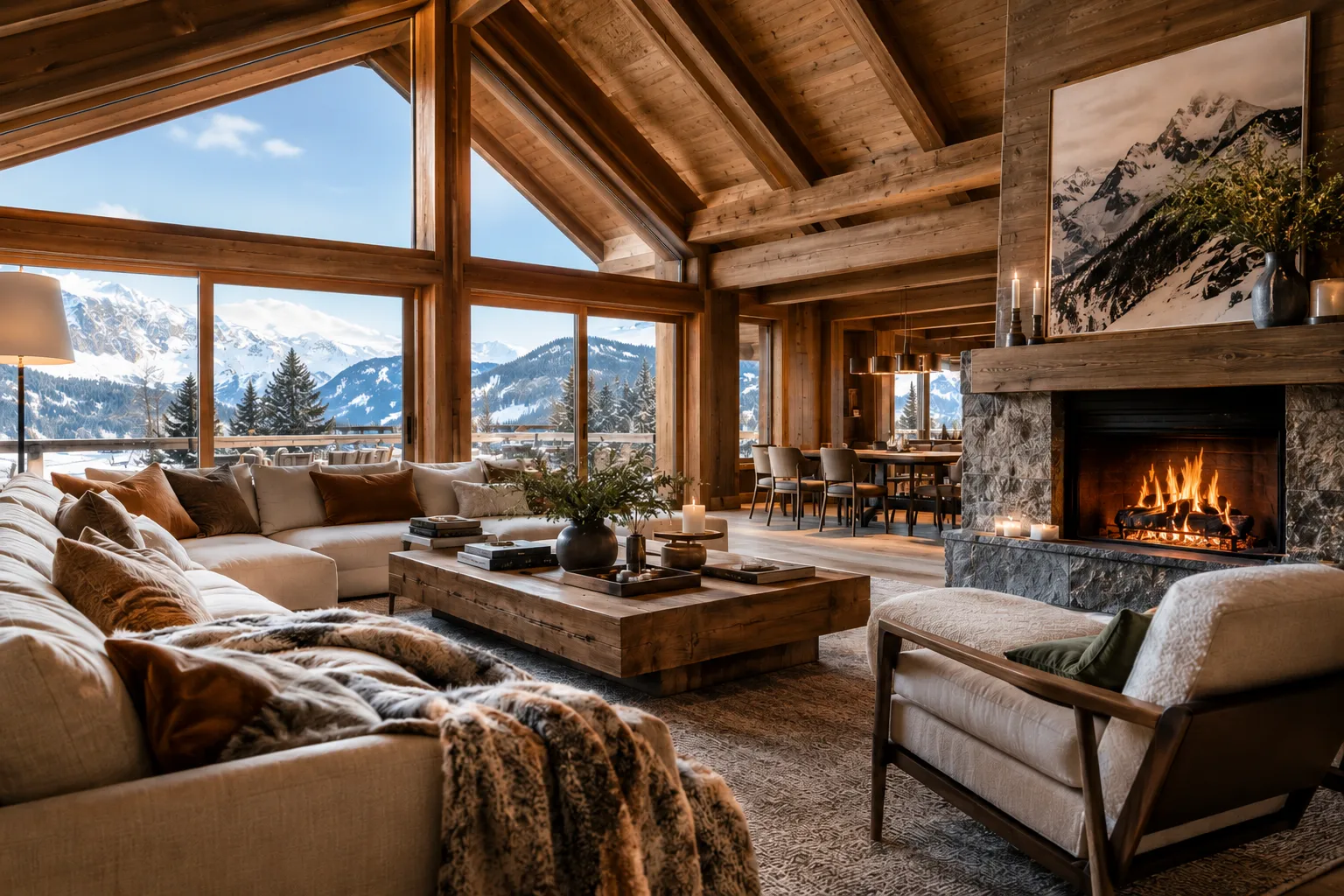 Luxury Alpine chalet interior with exposed timber beams, natural stone fireplace, warm neutral furnishings, and panoramic views of snow covered mountains.