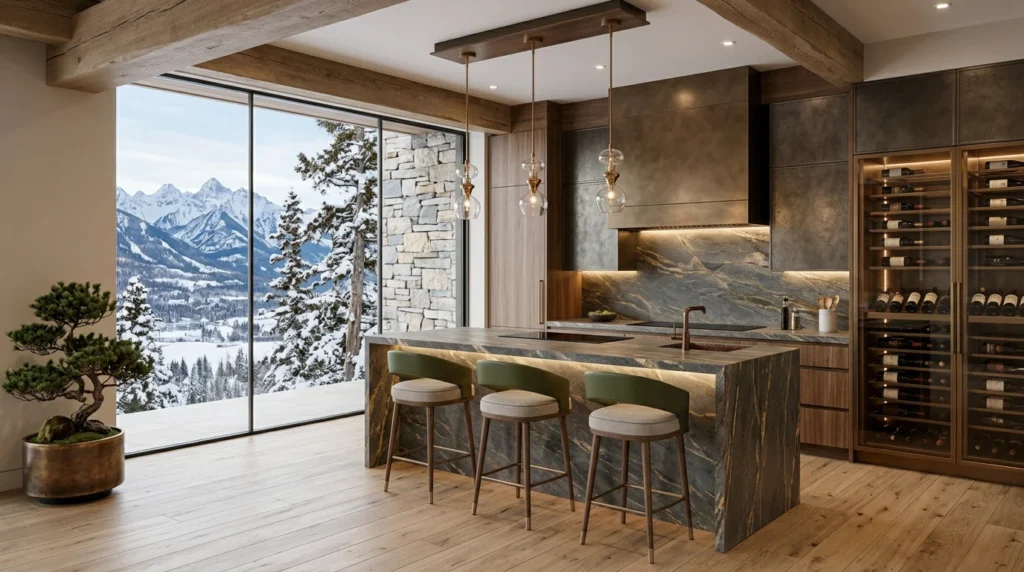 Contemporary luxury chalet interior with natural oak cabinetry, stone kitchen island, exposed timber beams, and panoramic views of snow covered mountains.