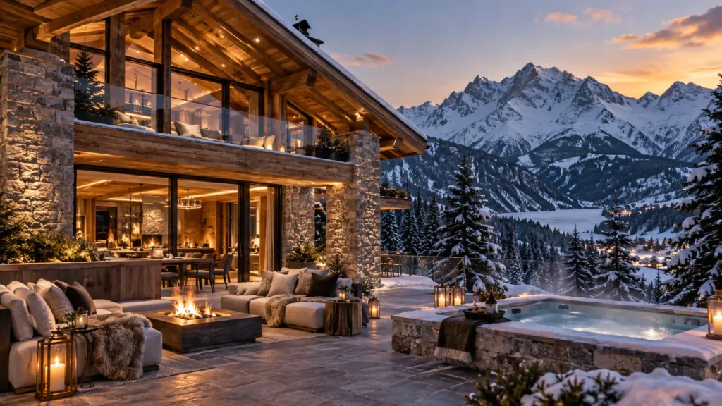 Luxury chalet with stone and timber architecture, outdoor fire lounge, heated pool, and sweeping views across snow overed mountains at sunset.