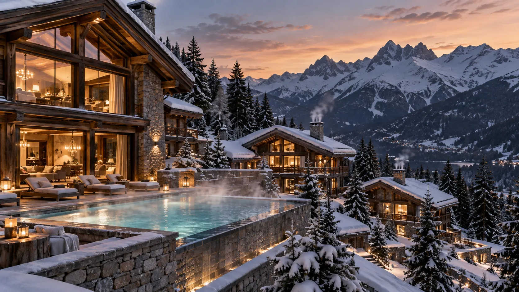 Luxury mountain resort with chalet-style architecture, heated outdoor pool, snowy peaks and warm interiors at sunset.