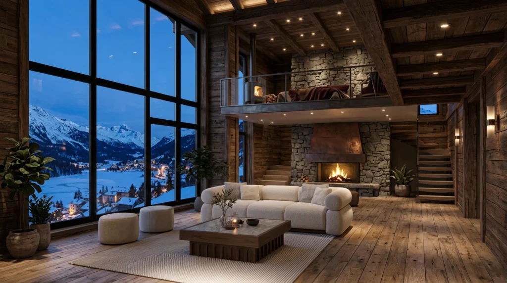 Modern chalet interior with warm timber architecture, a sculptural stone fireplace, soft neutral furnishings, and expansive glazing opening to snow covered mountain views.