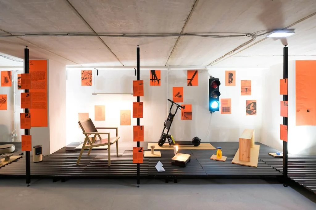 Experimental furniture, objects, mobility concepts, and material studies displayed in a contemporary Vienna Design Week exhibition.