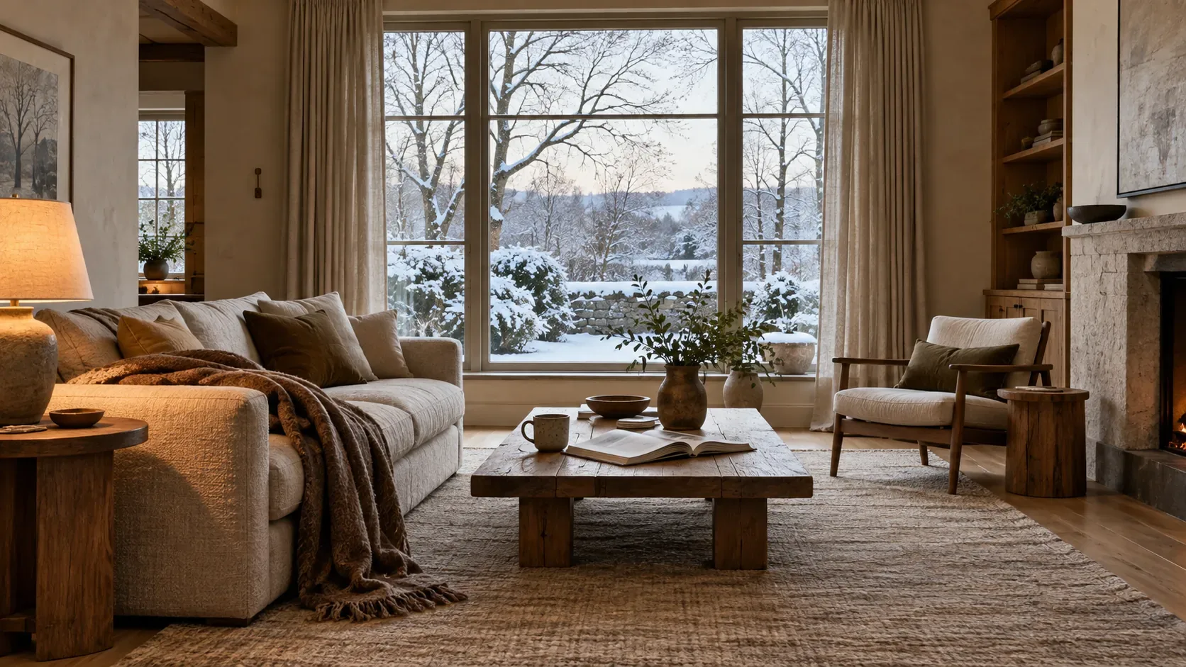 Cozy winter living room with a cream sofa, wool throw, oak coffee table, warm lighting, and views of a snow covered garden.