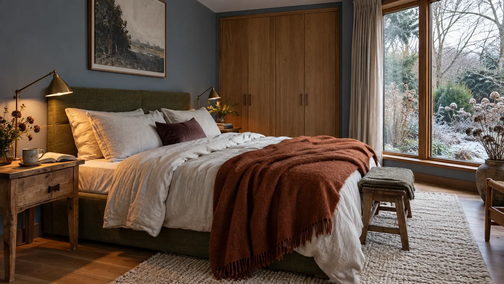 Cozy winter bedroom with muted blue walls, an olive upholstered bed, rust wool blanket, oak furniture, and views of a frosted garden.