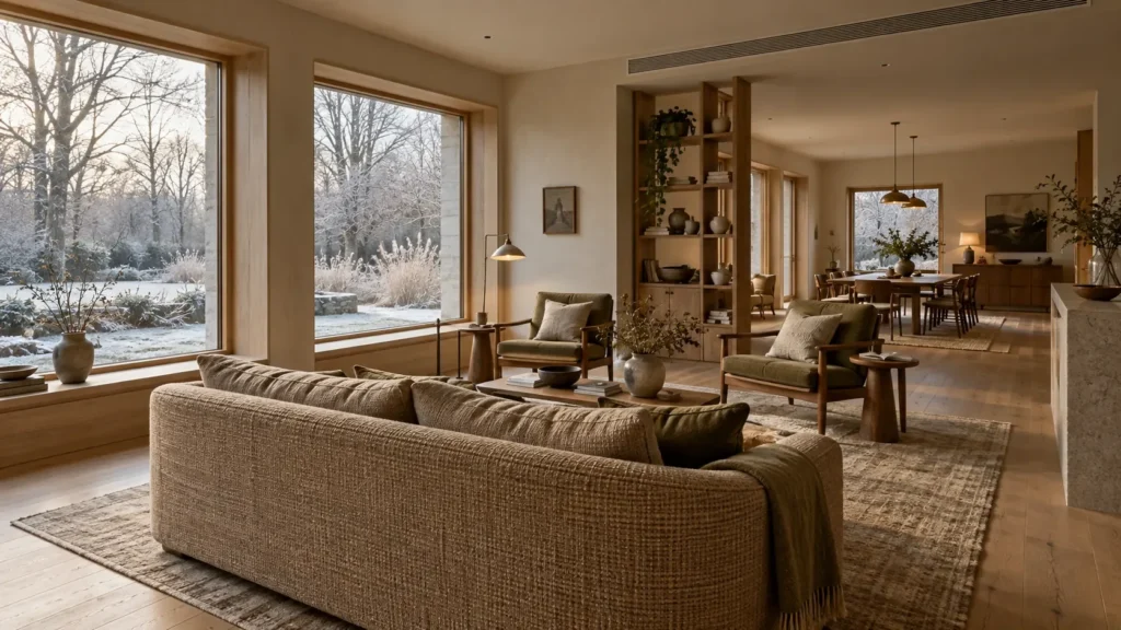 Open-plan winter living room with a beige sofa, olive armchairs, oak framed windows, and a large rug defining an intimate seating area.