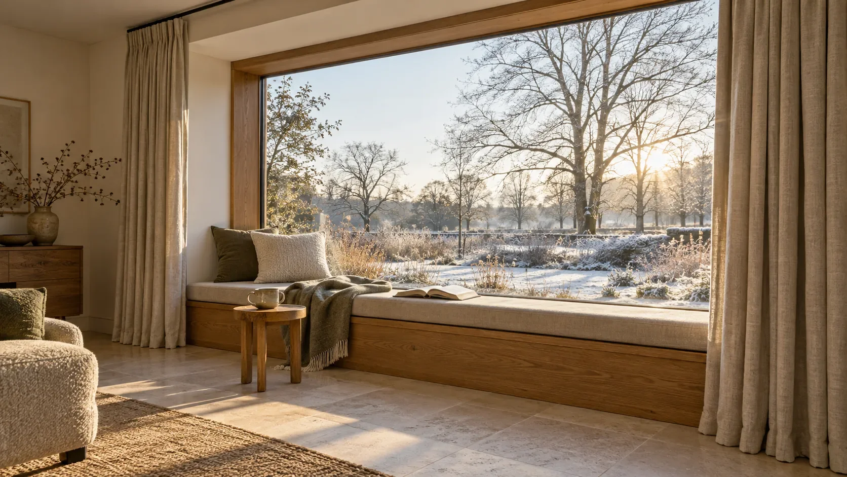 Oak window seat with linen cushions and fully open curtains, overlooking a snowy garden as winter sunlight falls across a stone floor.